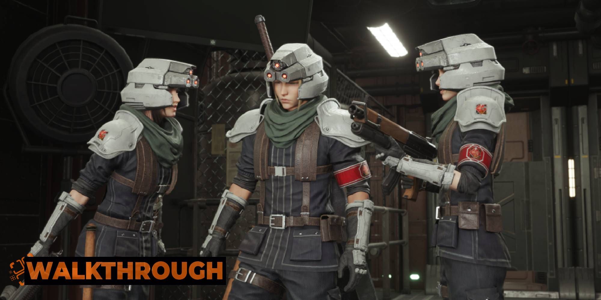 Imagen destacada de los personajes de Final Fantasy 7 Rebirth, Cloud, Tifa y Aerith, vestidos como soldados Shinra.
