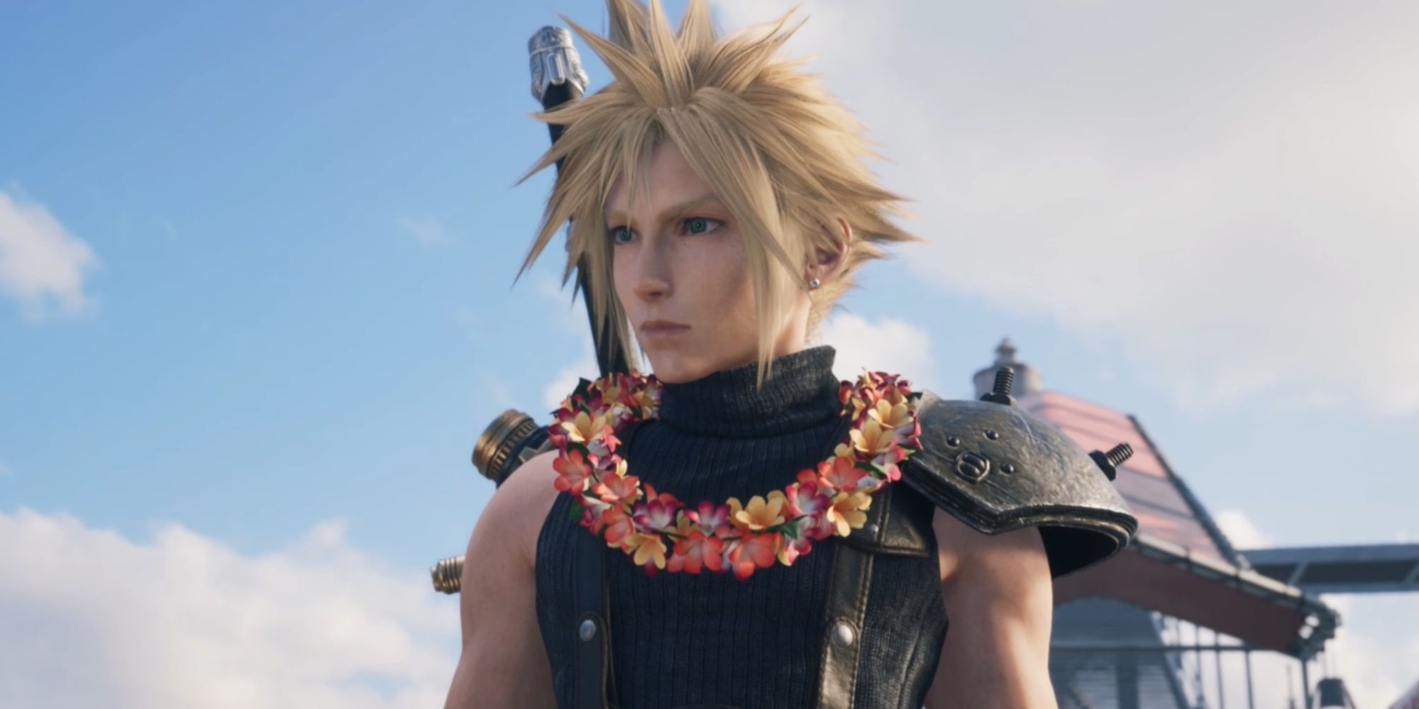 Cloud con un collar de colores naranja, amarillo y rosa al ingresar a la Costa del Sol en Final Fantasy 7 Rebirth