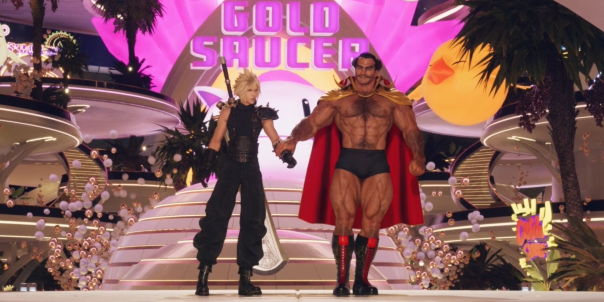 Dio sosteniendo el brazo de Cloud en The Gold Saucer después de una feroz partida de 3D Fighter en Final Fantasy 7 Rebirth