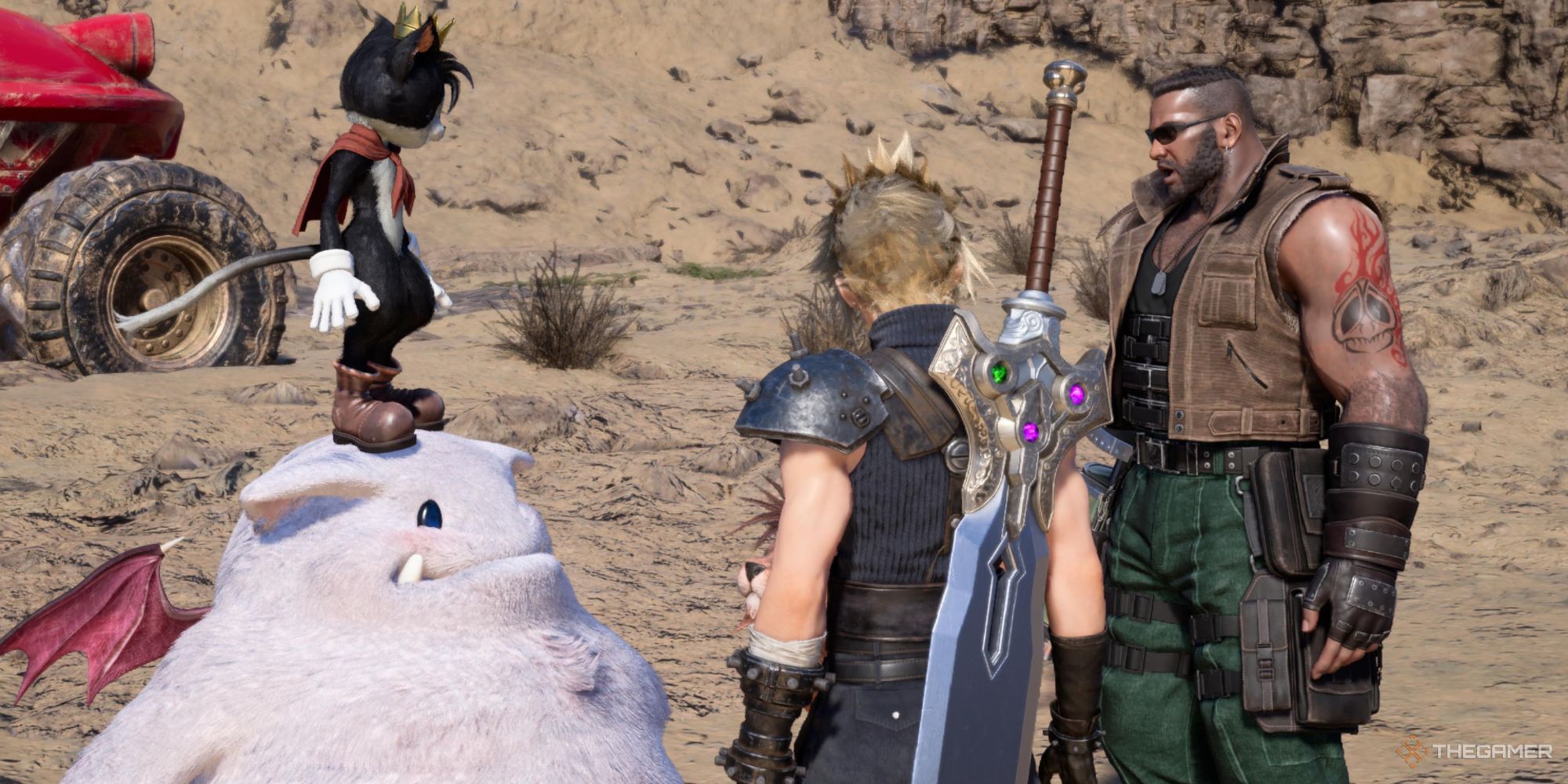 Cloud, Barret y Cait Sith hablan sobre hacia dónde dirigirse al comienzo del Capítulo 9 de Final Fantasy 7 Rebirth.