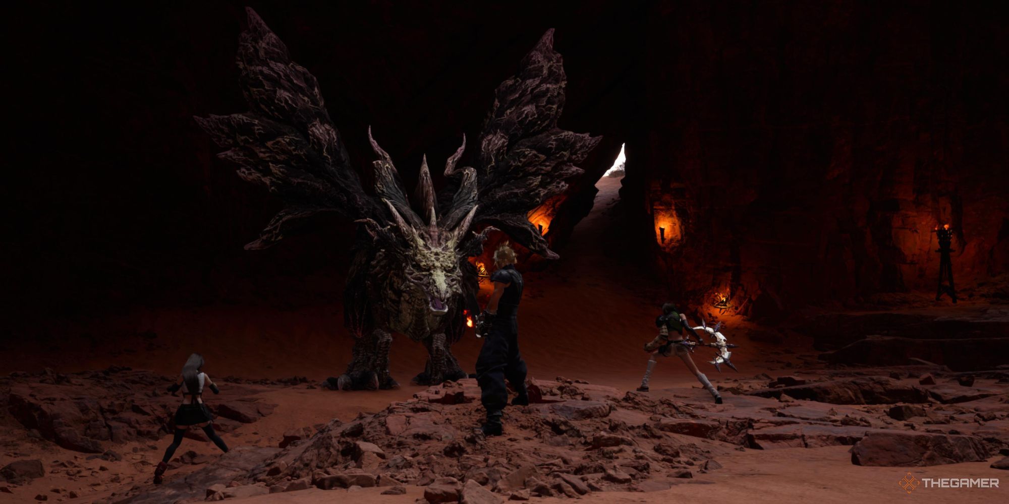 Cloud, Tifa y Yuffie parados ante Jabberwock en Cosmo Canyon en Final Fantasy 7 Rebirth.