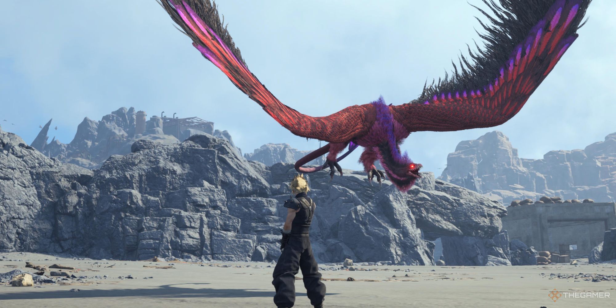 Cloud de pie ante el Rey Zu, preparándose para atacar en Final Fantasy 7 Rebirth.
