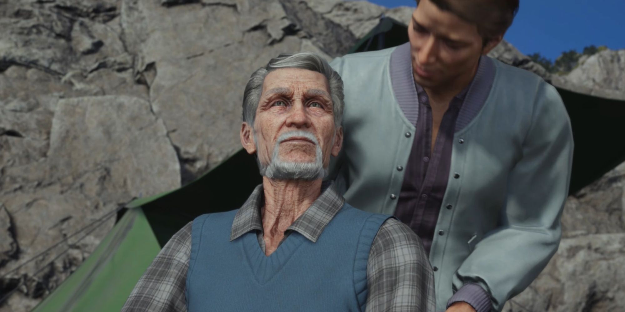 Una imagen que muestra a Colin y un observador de aves durante la misión secundaria Dreaming of Blue Skies en Final Fantasy 7 Rebirth.