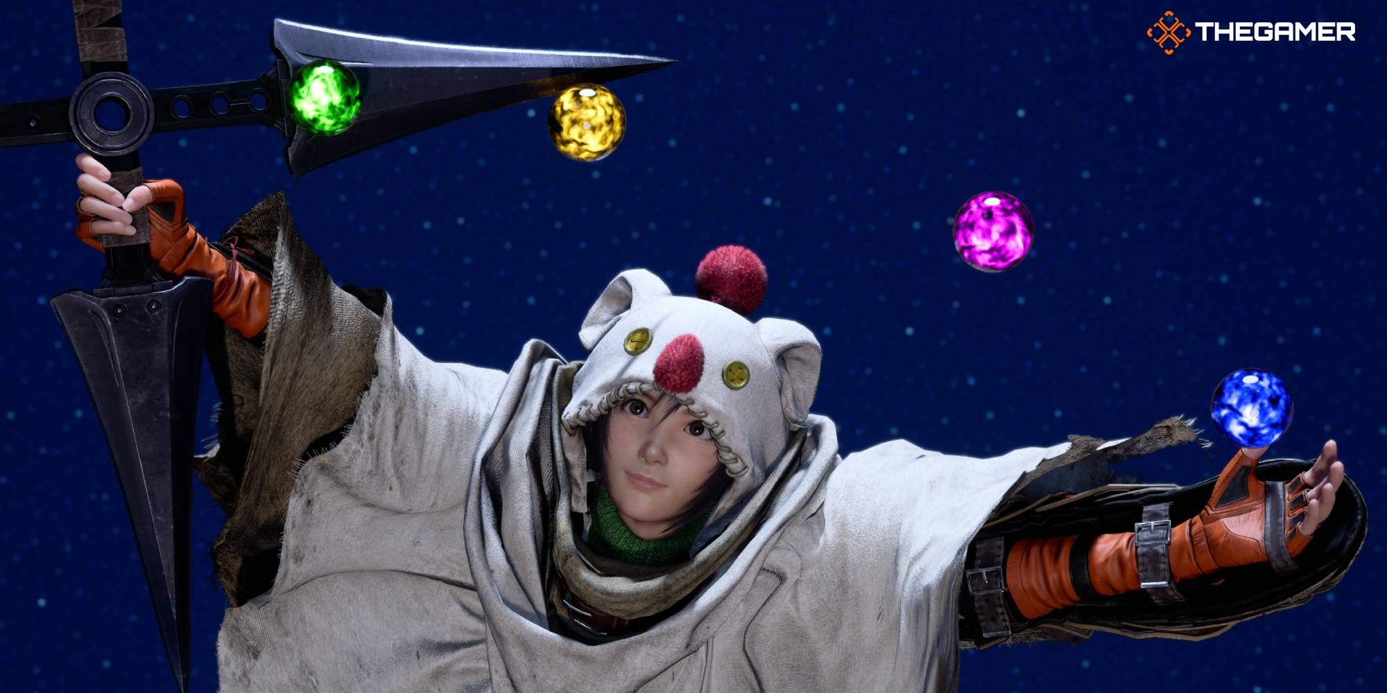 Yuffie con su disfraz de moogle con múltiples orbes de Materia aquí en FF7 Rebirth