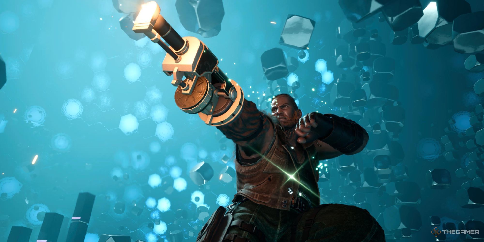 Barret en lo alto del aire, preparándose para disparar su nivel dos Limit Break, Catastrophe.