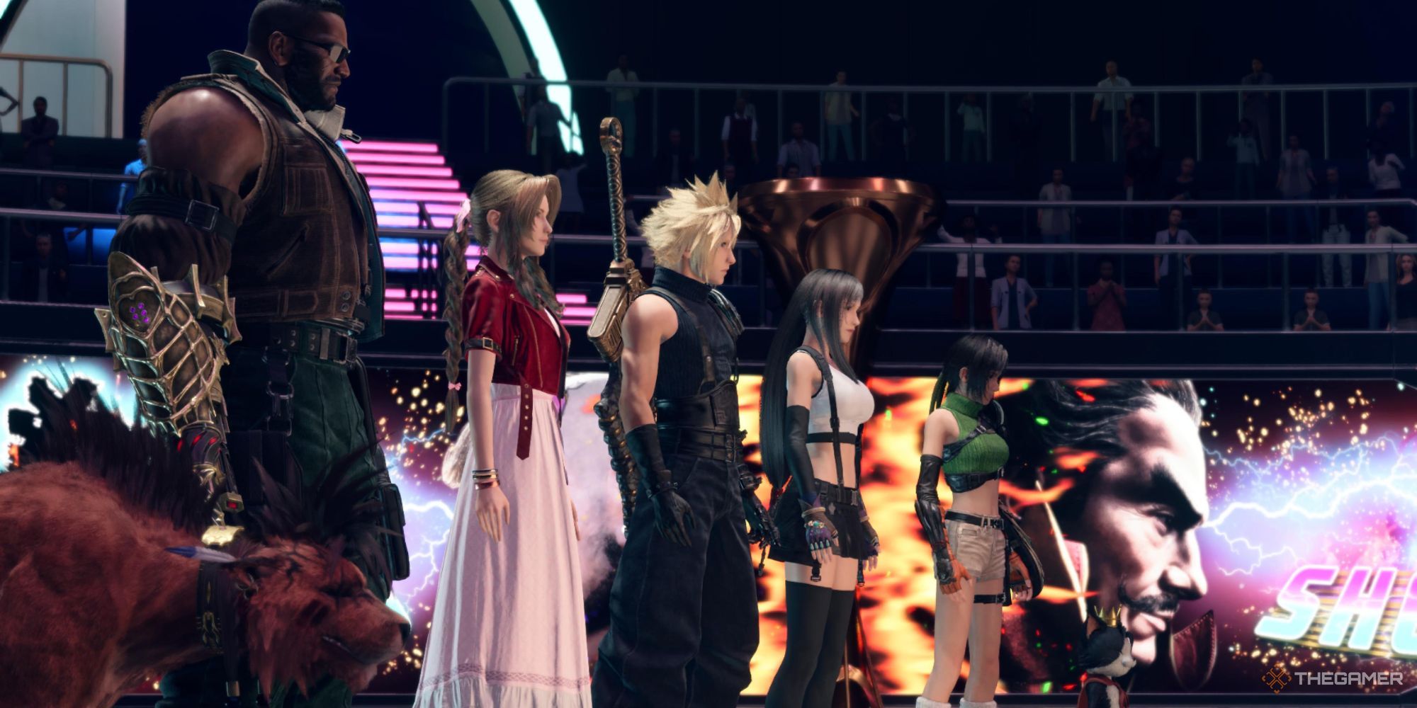 Cloud y el resto del grupo se alinearon en el Musclehead Colosseum en Final Fantasy 7 Rebirth.