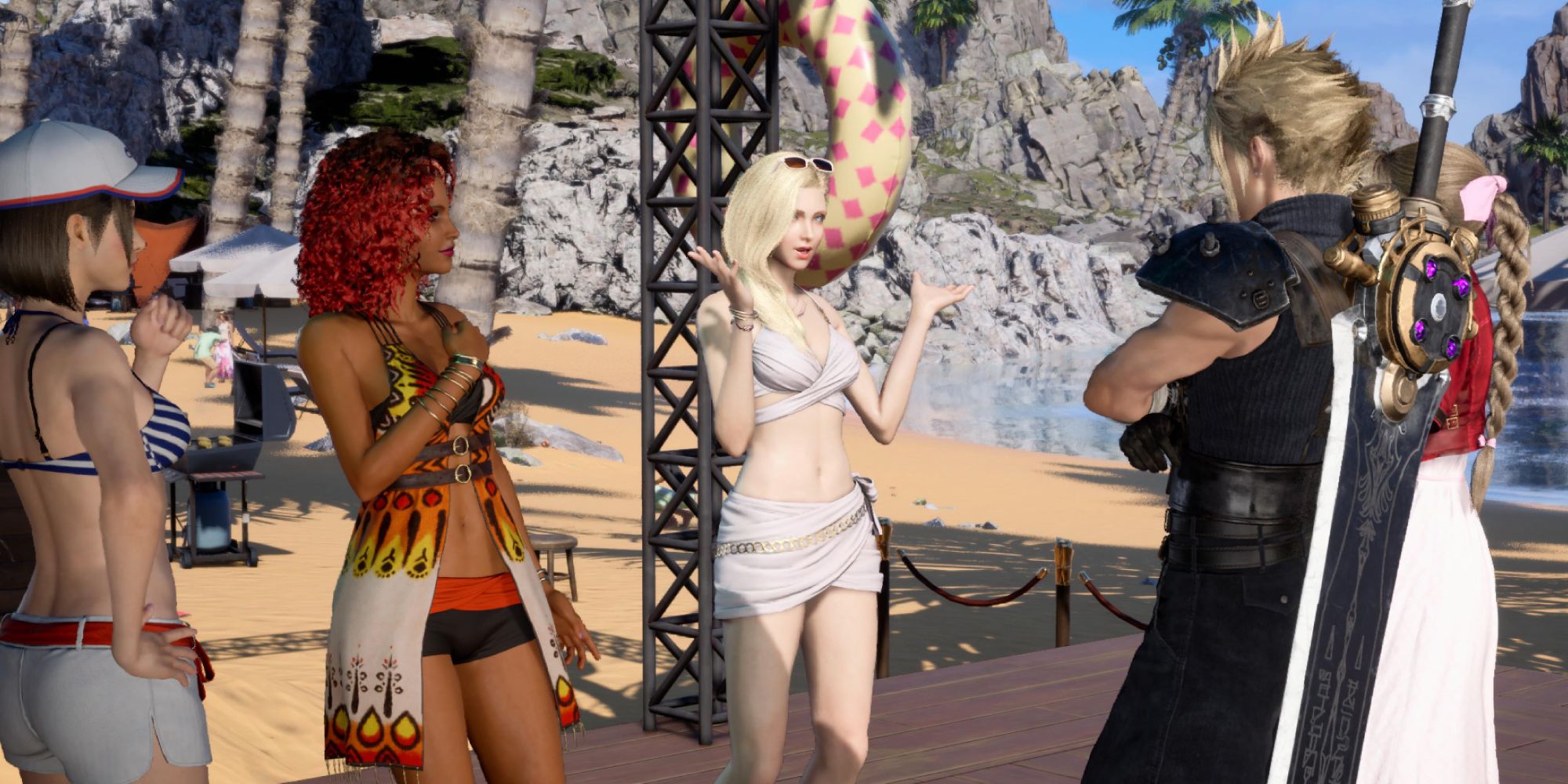 Cloud y Aerith hablando con Fran, Naomi y Yorda - FF 7 Rebirth