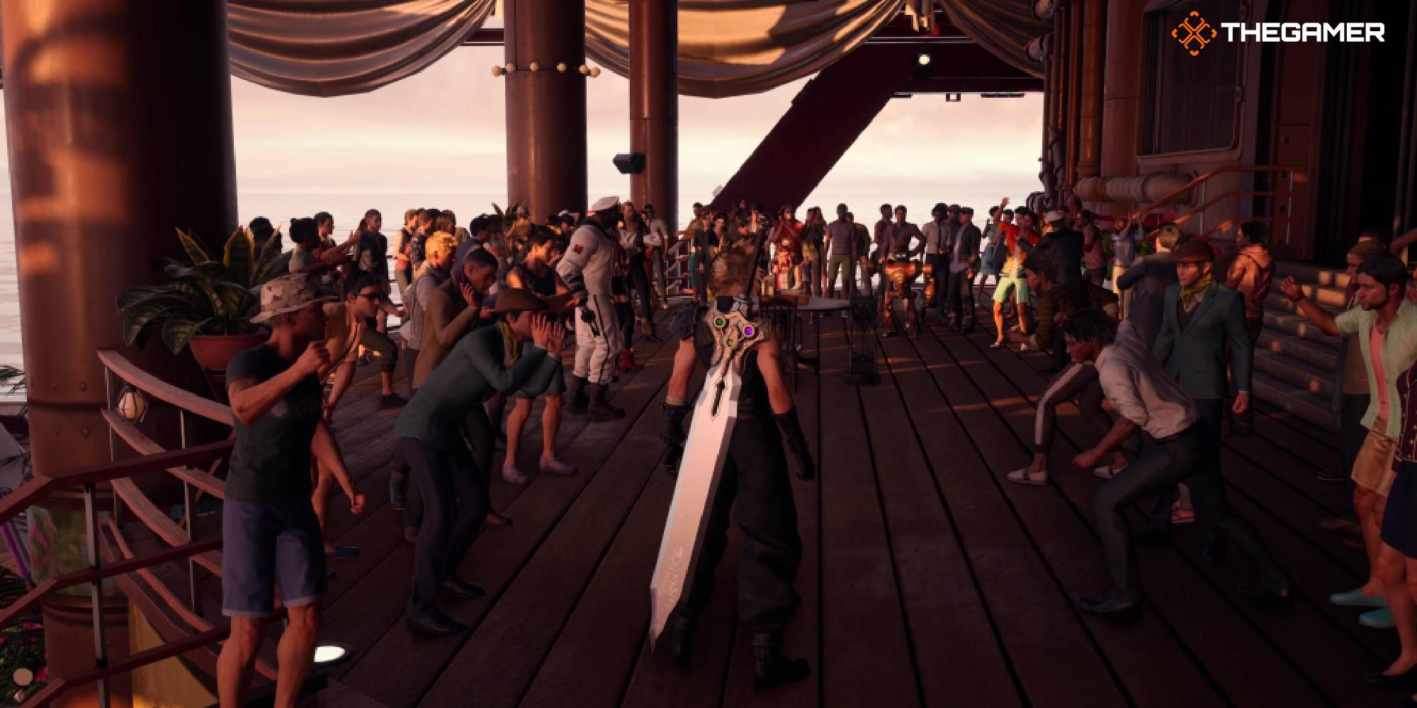 Imagen destacada de Cloud acercándose al campeón de Queen's Blood en la nave Shinra-8 de FF7 Rebirth