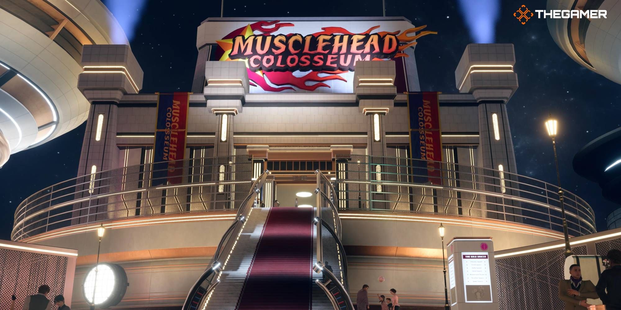 Imagen destacada del exterior del Gold Saucer Musclehead Colosseum en FF7 Rebirth