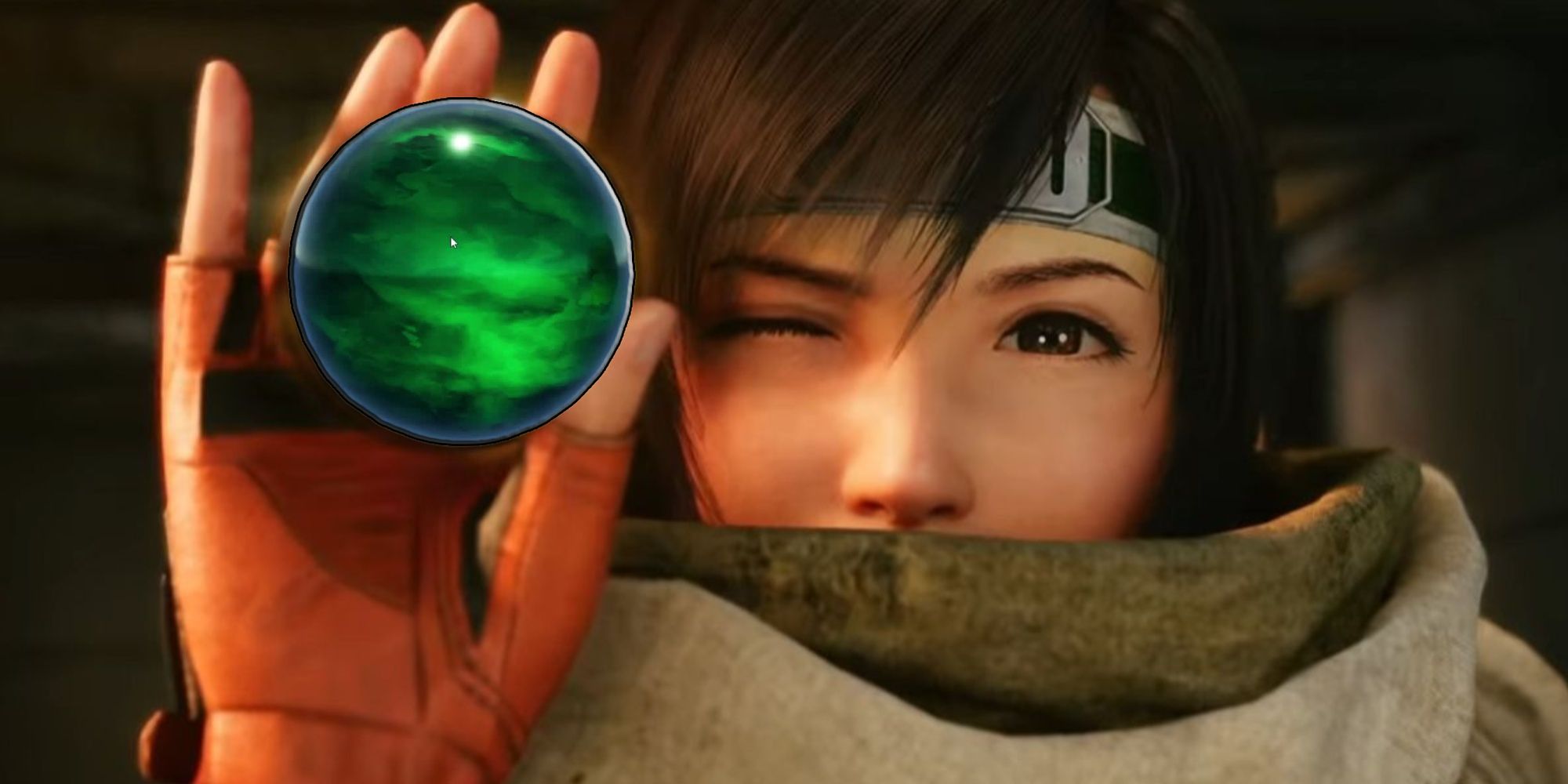 Yuffie sostiene una Materia verde - FF7 Rebirth