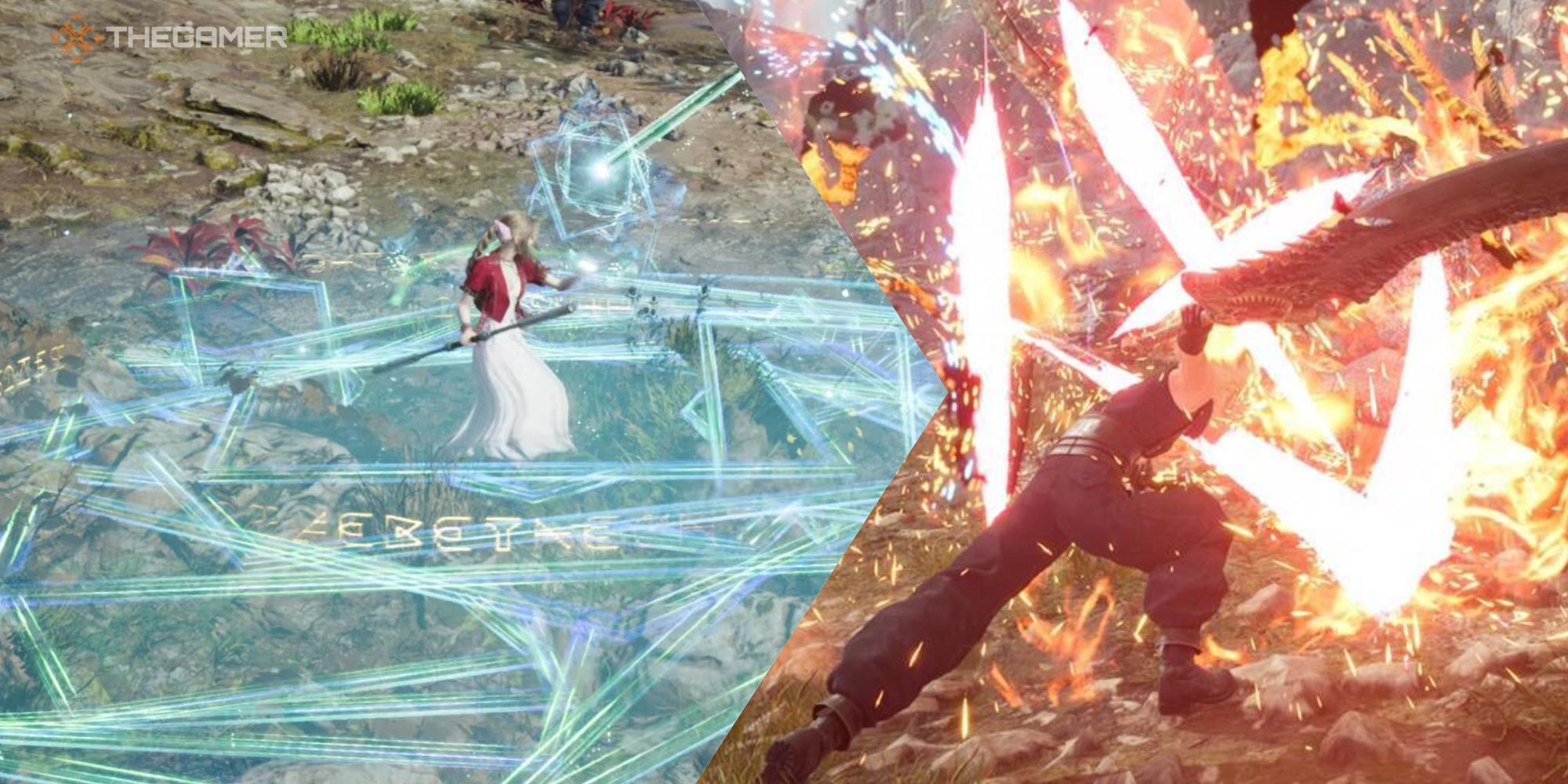 Un collage de imágenes de Final Fantasy 7 Rebirth, que muestra a Aerith usando su habilidad Ward y a Cloud realizando su Limit Break.