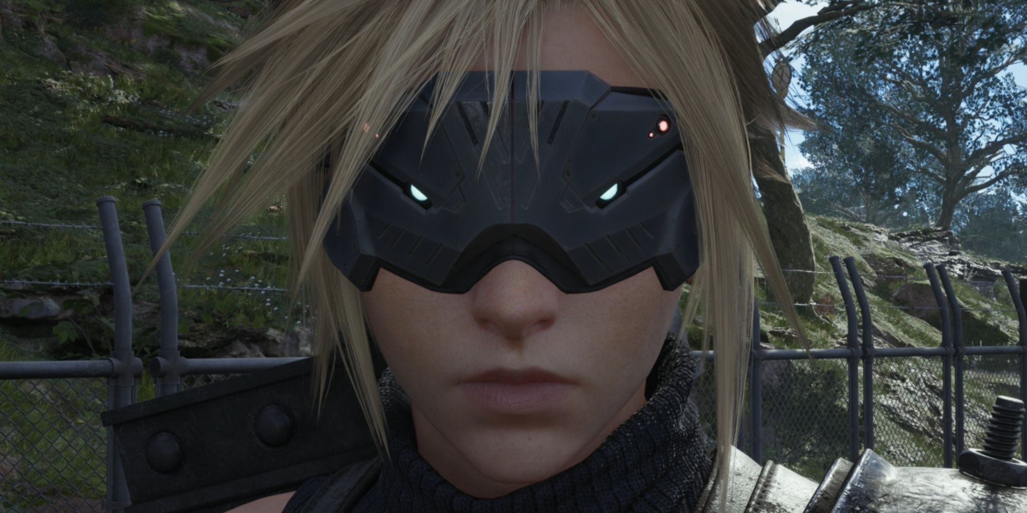 Cloud probándose los auriculares VR de Chadley para completar desafíos de combate en Final Fantasy 7 Rebirth