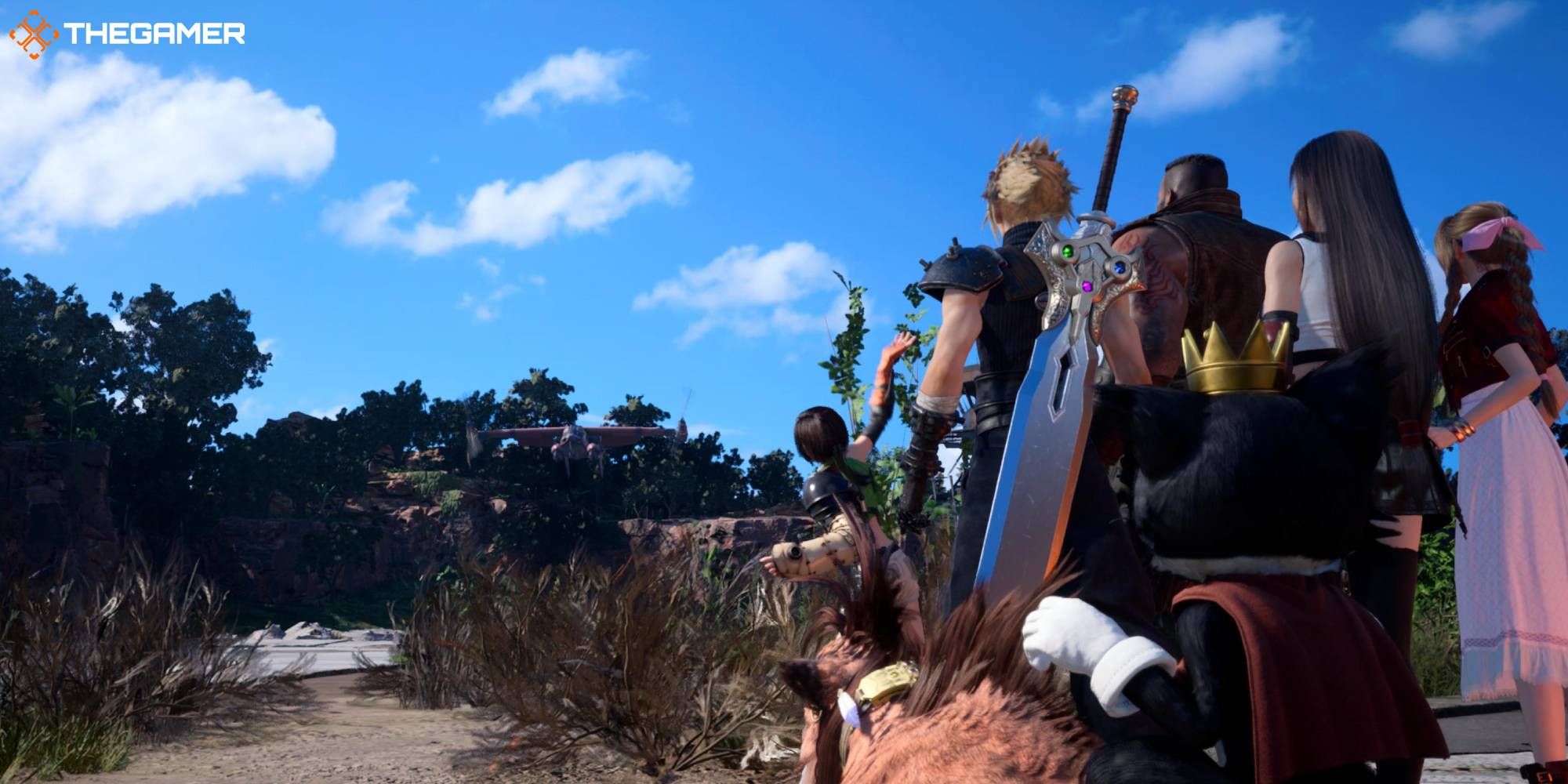Imagen destacada de Cloud y el resto del grupo jugable viendo el aterrizaje del Tiny Bronco de Cid.