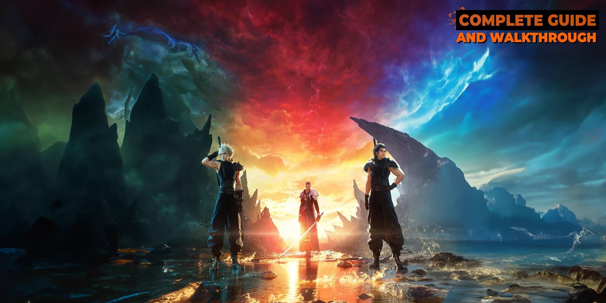 Arte clave de Final Fantasy 7 Rebirth con Cloud, Sephiroth y Zack contra un cielo cada vez más oscuro