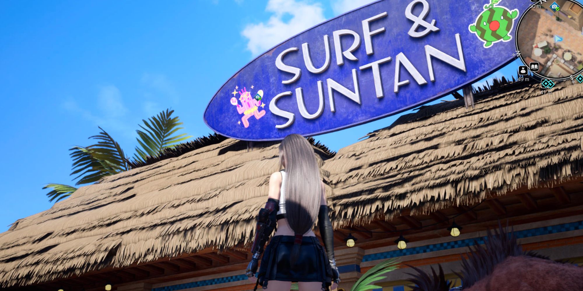 Una foto de Tifa mirando el letrero de Surf and Suntan - FF7 Rebirth