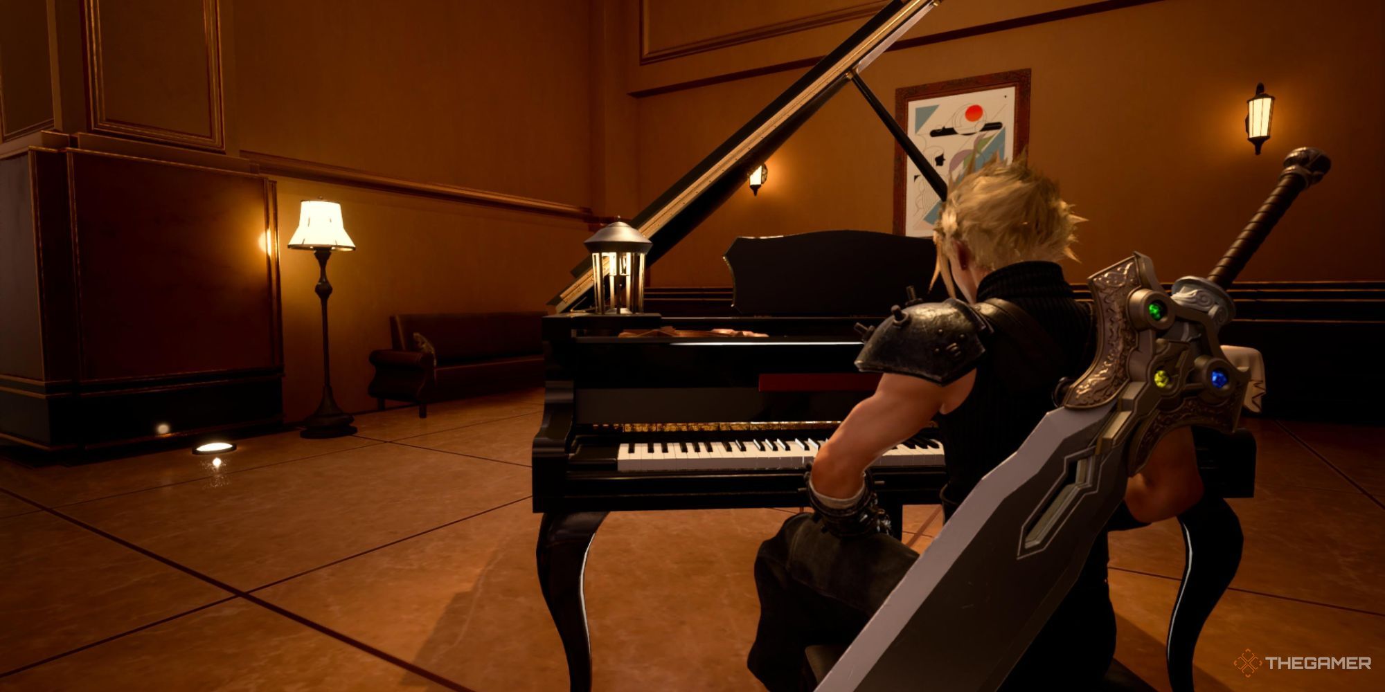 Cloud sentado al piano en la Costa del Sol en Final Fantasy 7 Rebirth.
