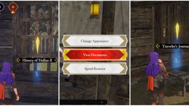 A split image of Shez discovering History of Fodlan II document, the Journal menu in personal quarters, and Shez discovering the Traveler's Journal outside the common area