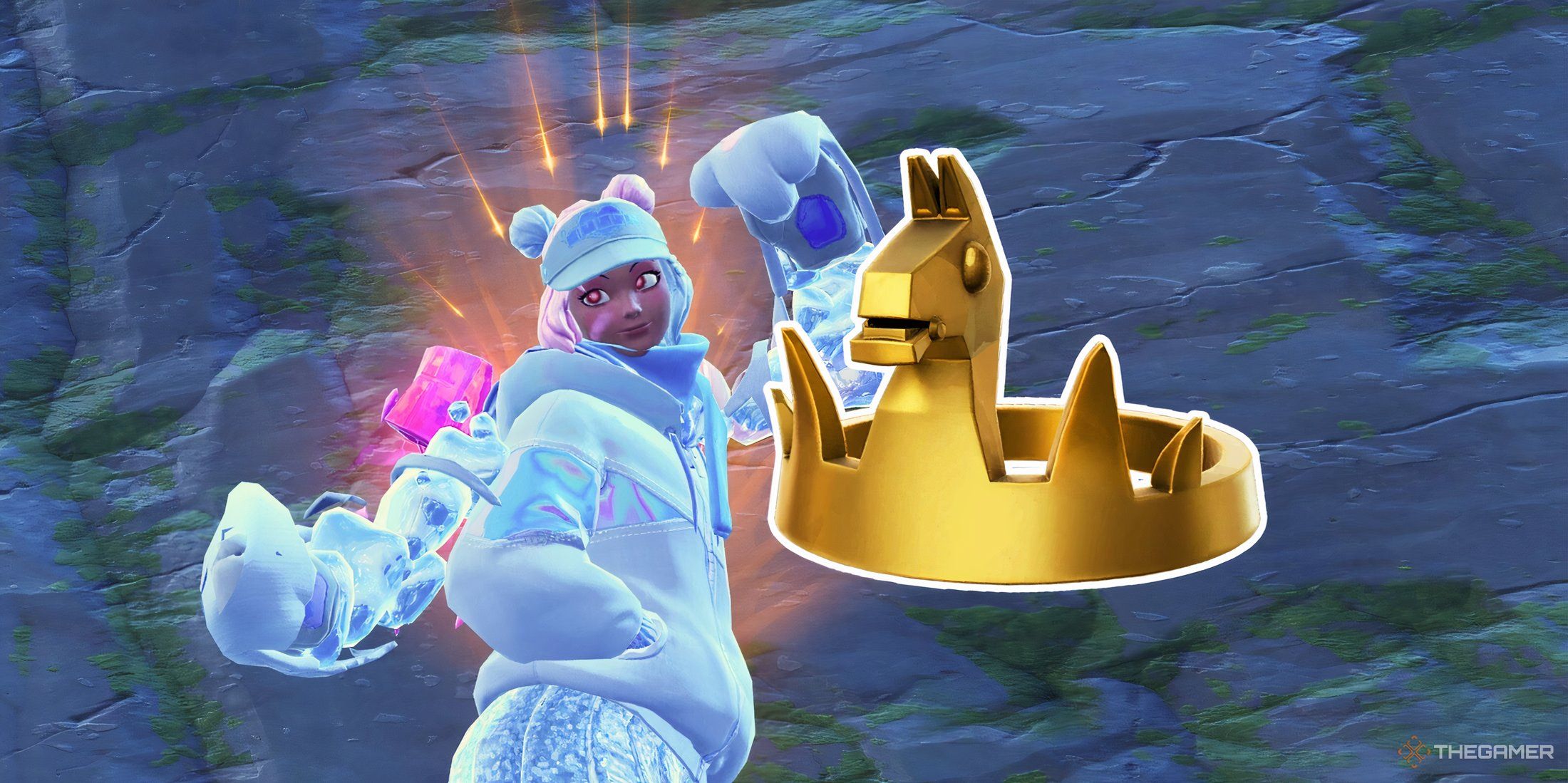 Un personaje de Fortnite que lleva una Corona de la Victoria con una imagen de una Corona de la Victoria a su lado.