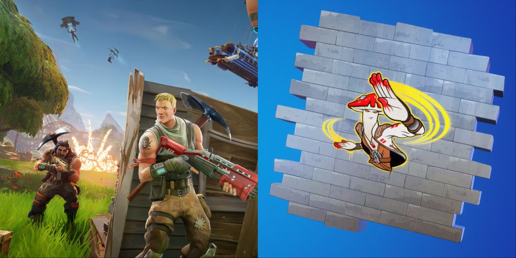 Un collage que muestra la portada promocional de Fortnite a la izquierda y el spray Redcap Skin a la derecha.