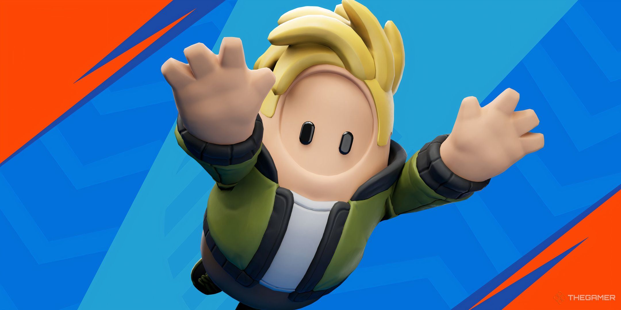Una imagen oficial de Jonesy Fall Guys Bean lanzándose por el aire desde el sitio web de Epic Games.