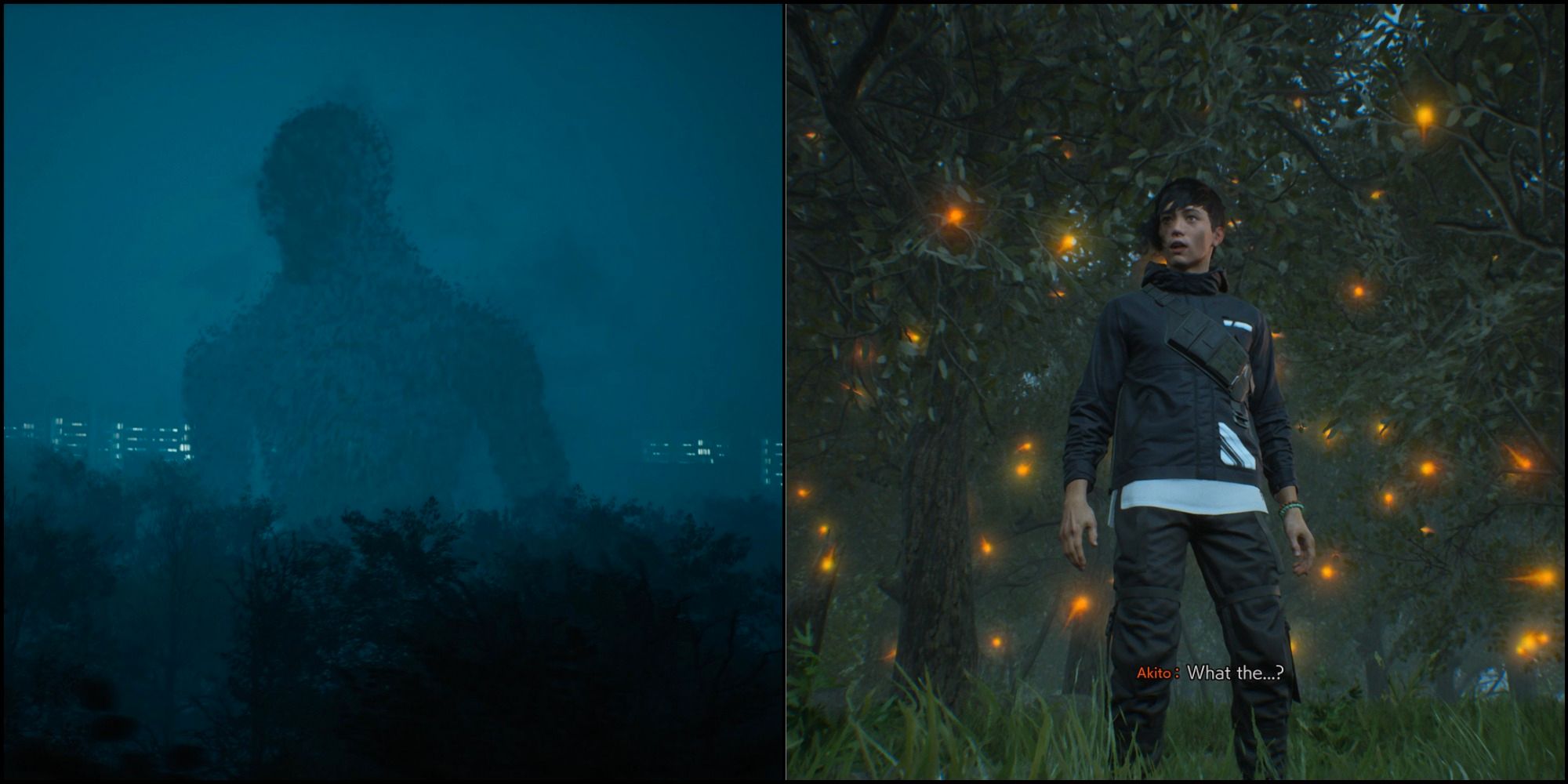 A split image of a big entity on the left and Akito being surprised on the right.
