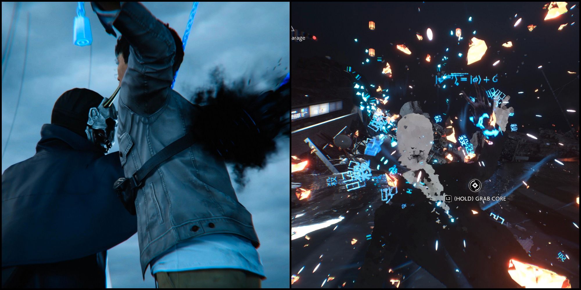 A split picture of Akito being stabbed on the left and a Visitor being vanquished on the right.