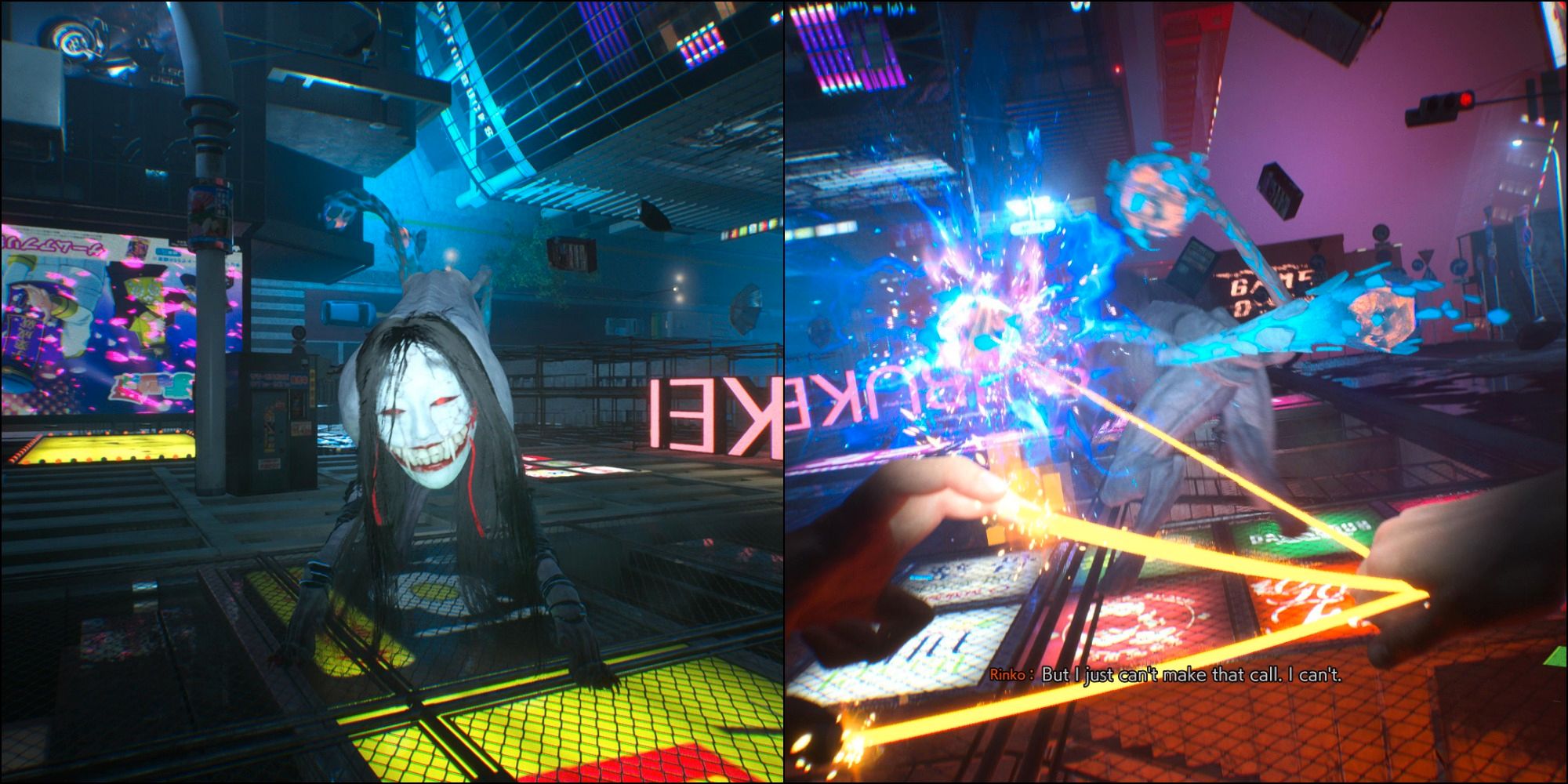 A split picture showing Ko-omote watching you on the left and one of her cores being destroyed on the right.