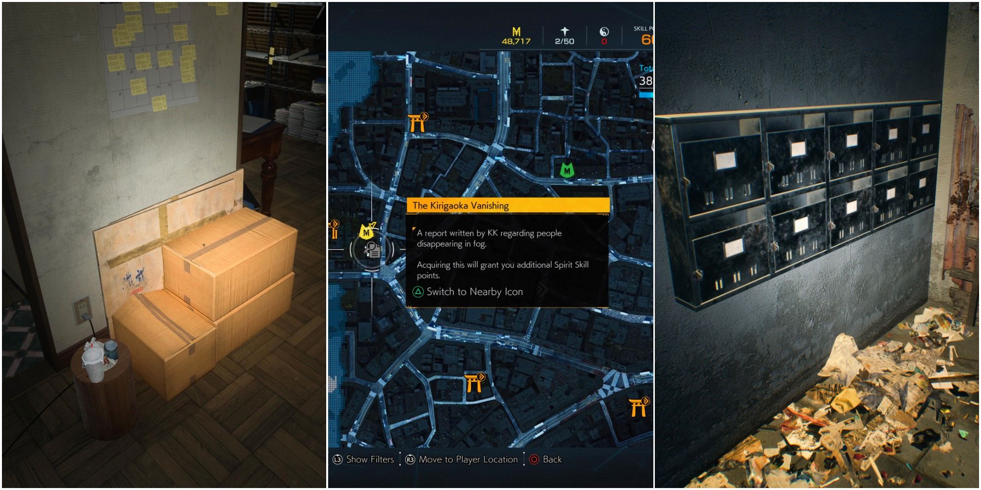 Ghostwire Tokyo Collage - KK's safehouse, world map, and letter boxes showing the location of Investigation Notes