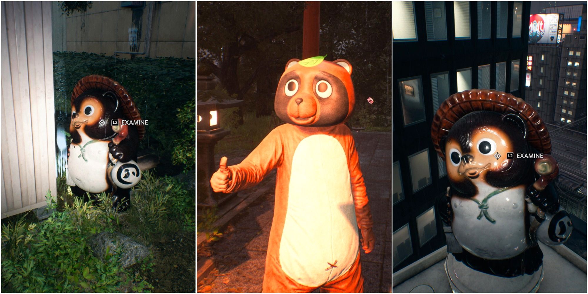 Ghostwire: Tokyo collage - two hidden tanuki statues and a tanuki outfit