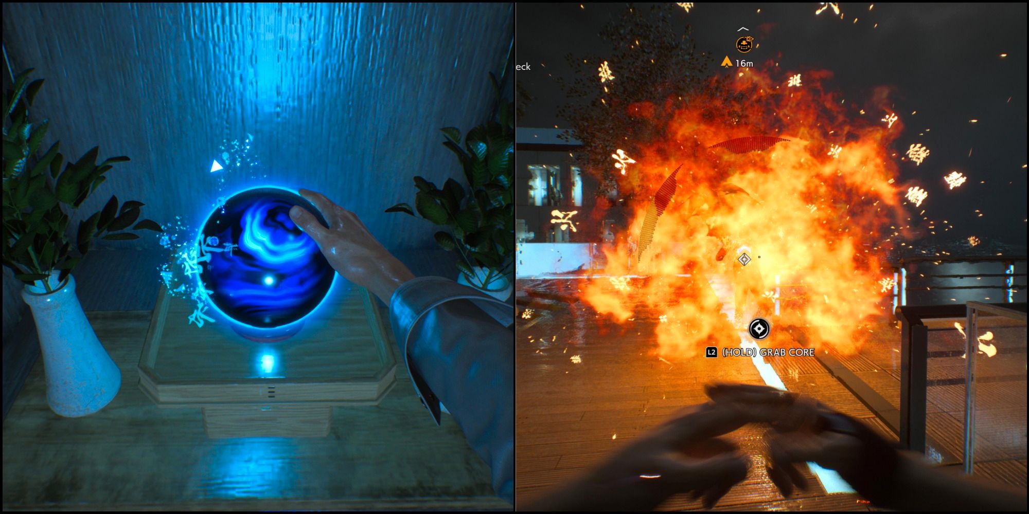 A split image of a blue sphere on the left and a big fire explosion on the right.