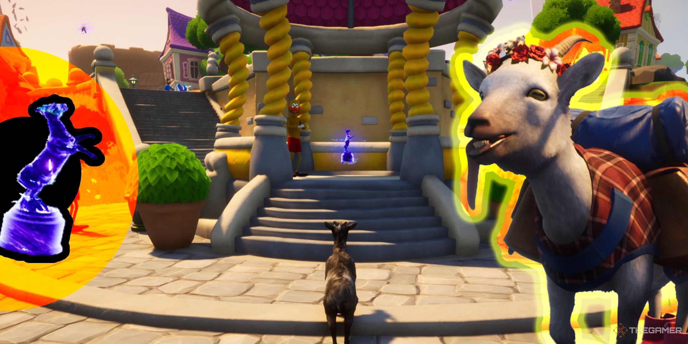 Hay una imagen de baratija en el lado izquierdo del fondo del mirador, y en el lado derecho, hay una imagen de Pilgor. en Goat Simulator 3 Multiverse of Nonsense.