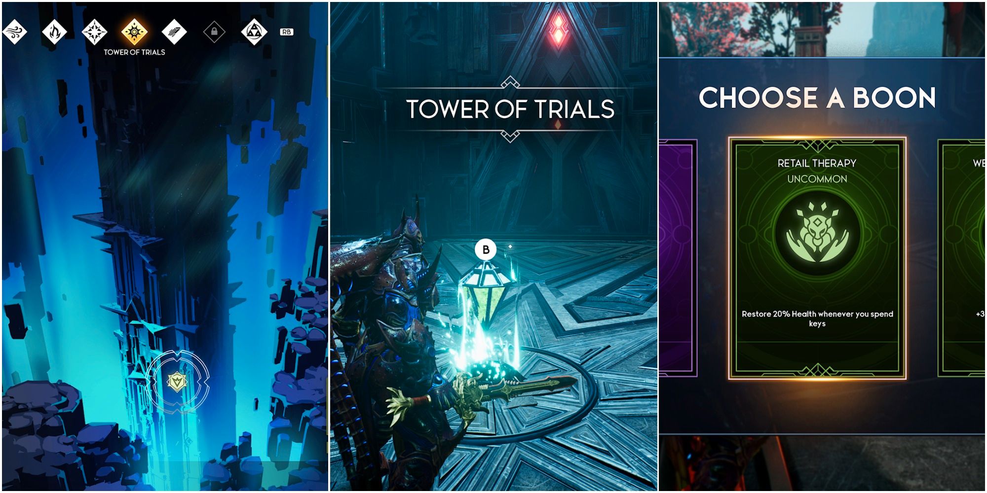 Godfall collage of tower of trials map, tower of trials main chamber, and tower of trials boon reward
