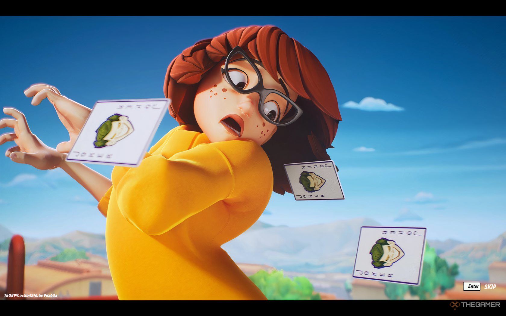 Velma mirando tres cartas Joker en una captura de pantalla de MultiVersus