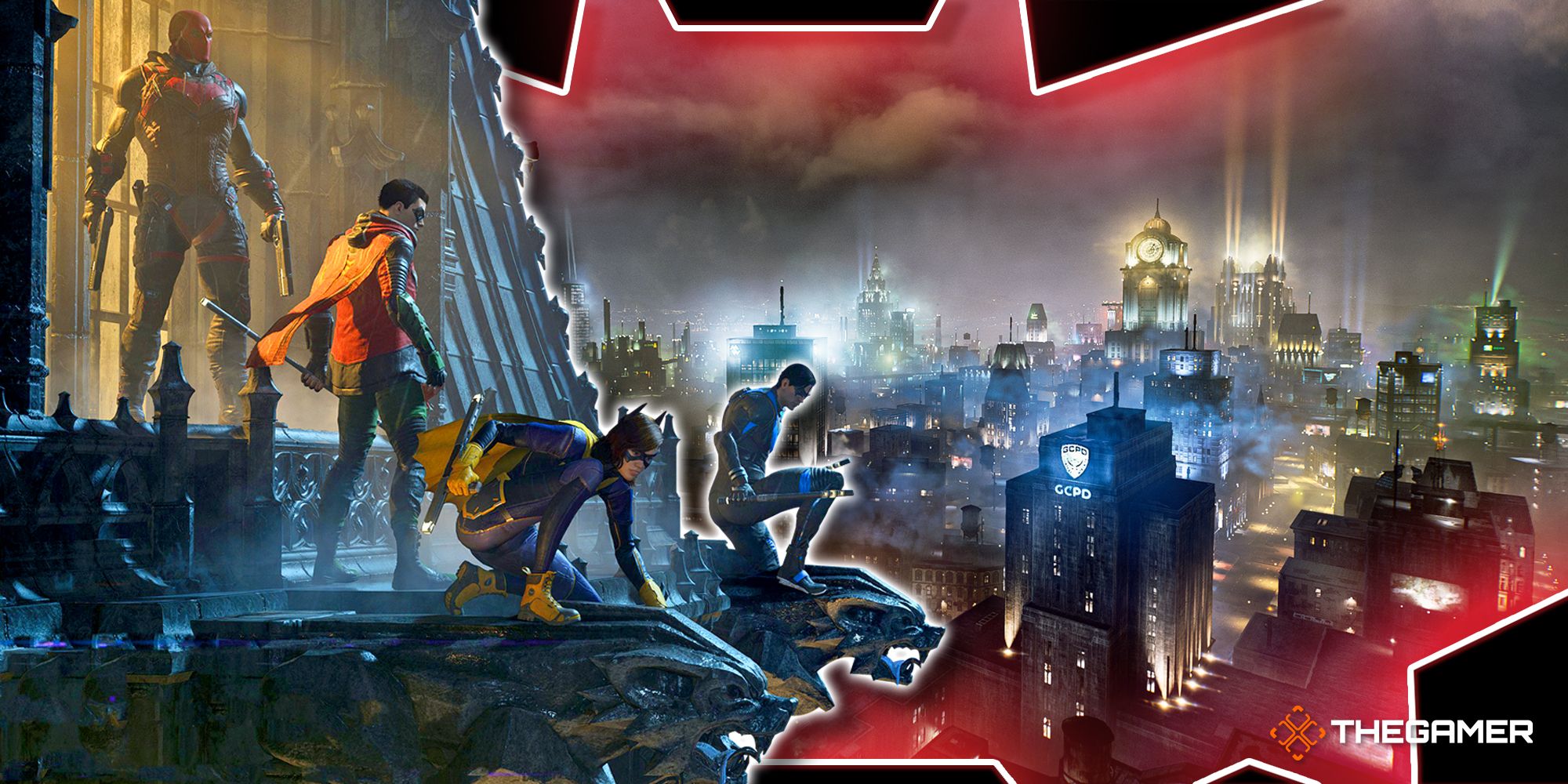 Fotografía grupal e imagen de la ciudad de Gotham Knights.