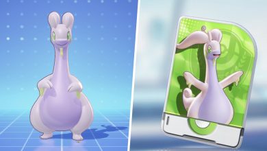 Image of Goodra from Pokemon Unite split with an image of the Goodra Unite License