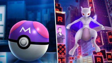 Image of a Master Ball from Pokemon split with an image of Shadow Mewtwo in a city