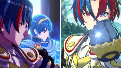 Characters from Fire Emblem Engage in various action poses.