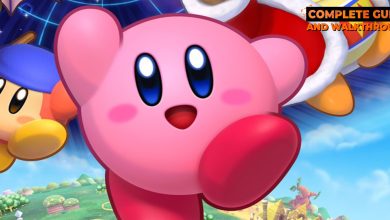 Close-up shot of Kirby on the official art of Kirby's Return To Dream Land Deluxe.