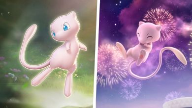 An image of Mew in a forest split with an image of Mew in a firework filled sky