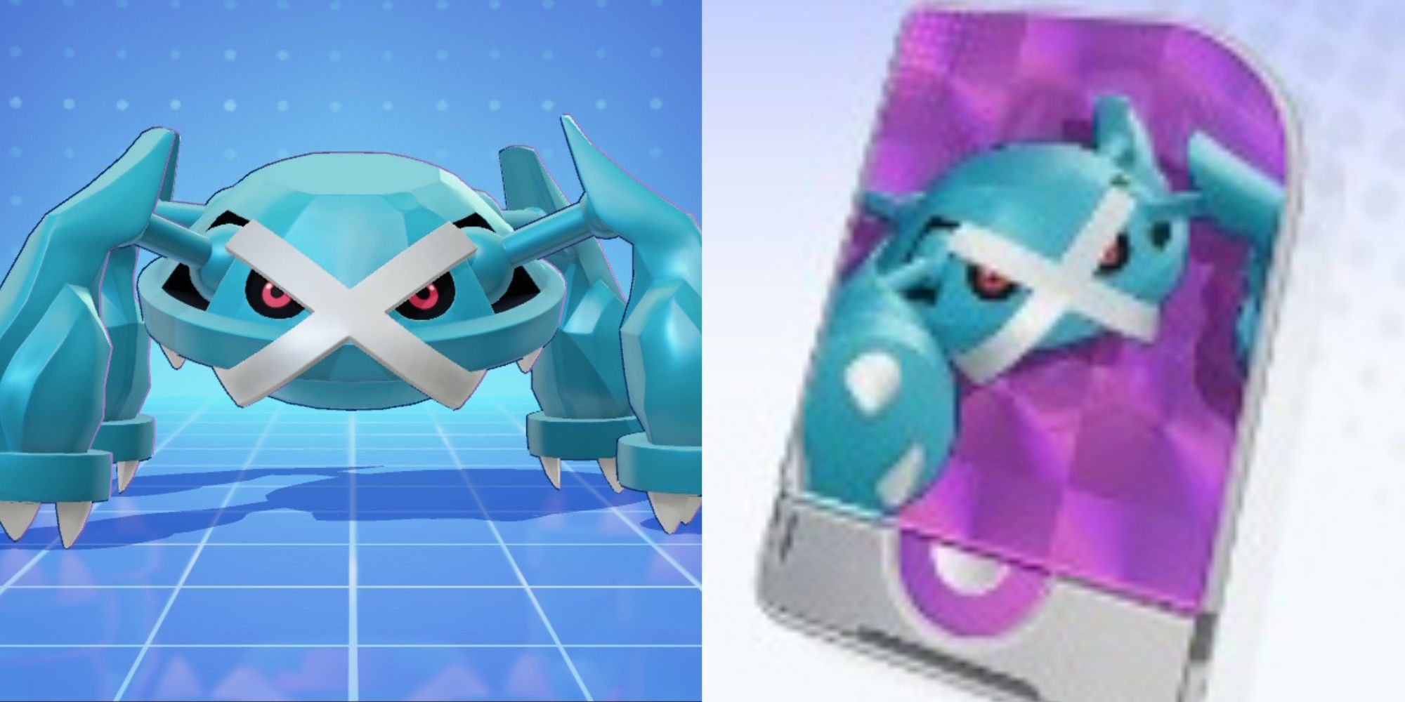 Una imagen dividida de metagross y su licencia Unite en Pokémon Unite.