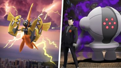 Image of Tapu Koko split with an image of Giovanni standing next to Shadow Registeel