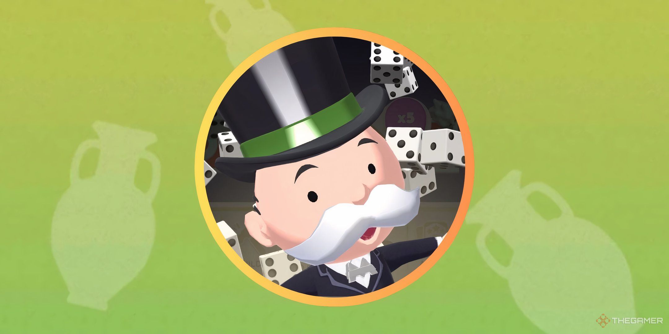 El Sr. Monopoly en un marco circular sobre el fondo para el relevo de premios en Monopoly Go.