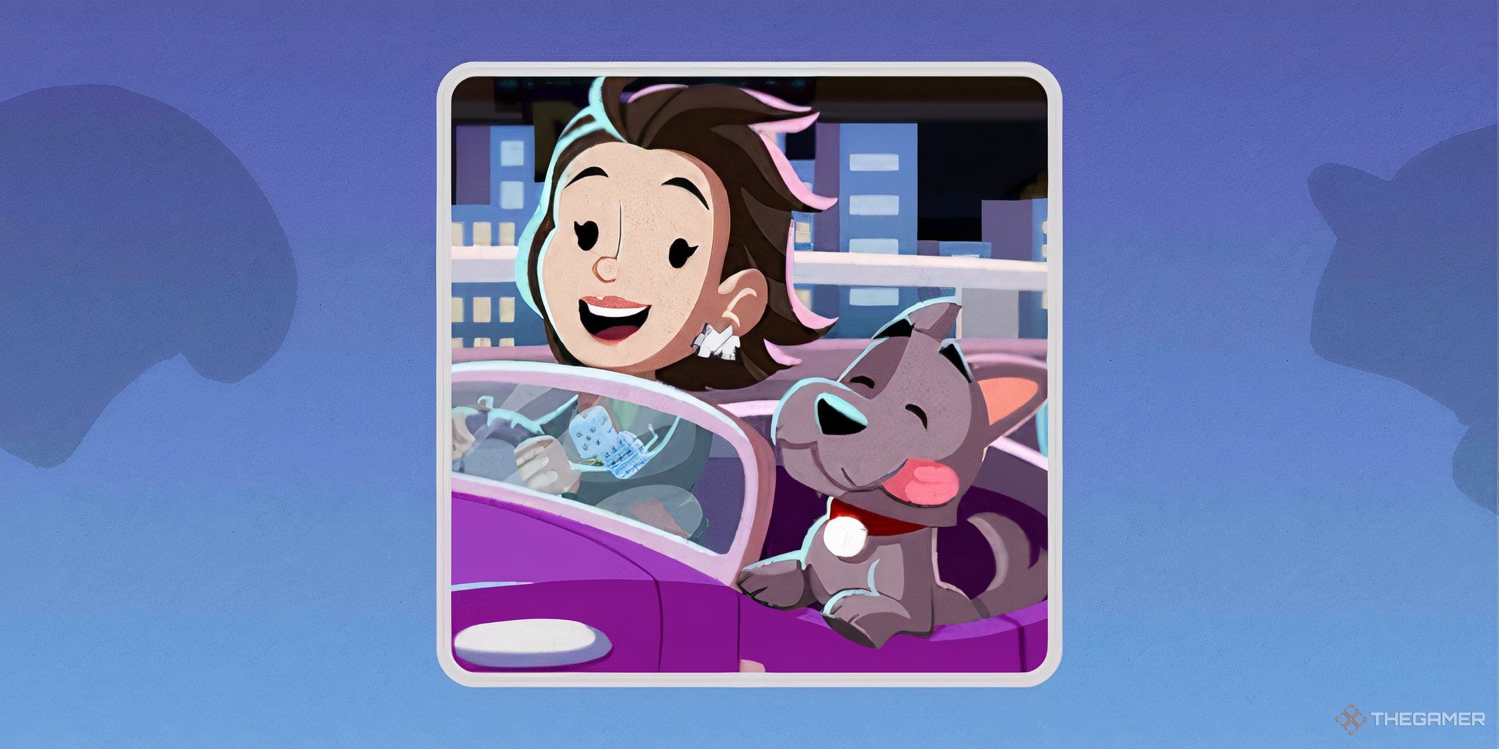 Un personaje femenino de Monopoly Go y el perro en el auto durante el evento Midnight Drive.