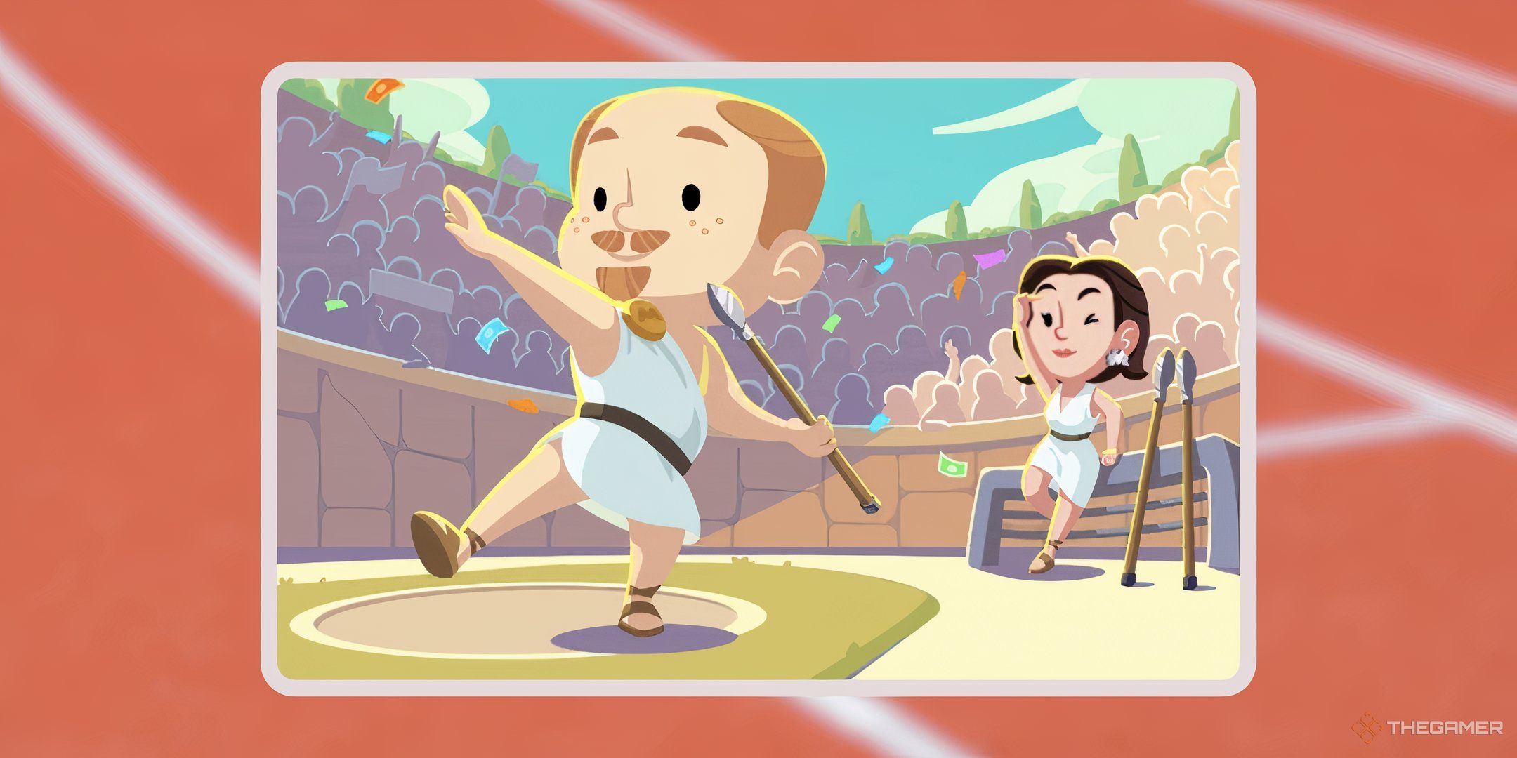 El logotipo de Monopoly Go Javelin Jolt sobre una pista de carreras borrosa.