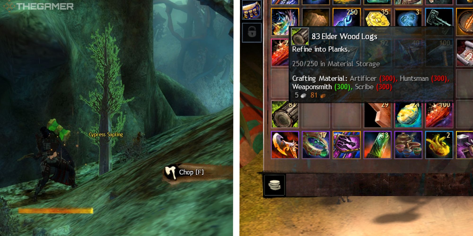 image of player logging next to image of elder wood in inventory