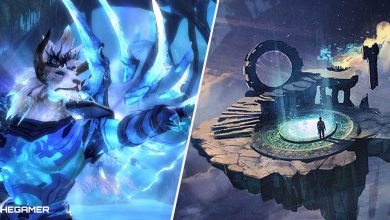 Guild Wars 2 - player wearing ad infinitum (left), fractals of the mists (right)