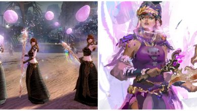 A Feature Image showing a human mesmer weilding the Aurora legendary item and the concept art for Path of Fire's Mirage elite specilization.