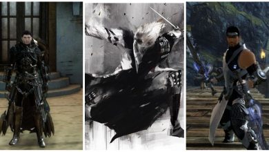 A Feature image for Guild Wars 2 Thief PvP guide. Showing 3 human Thieves 2 ingame screenshots from Lions Arch and one concept art piece.