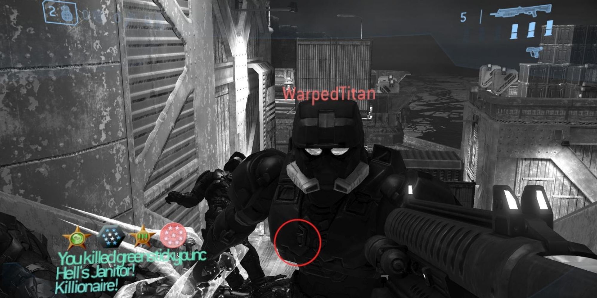 Halo Multiplayer, captura de pantalla del juego del jugador que gana la medalla Killionaire, la medalla Hell's Janitor