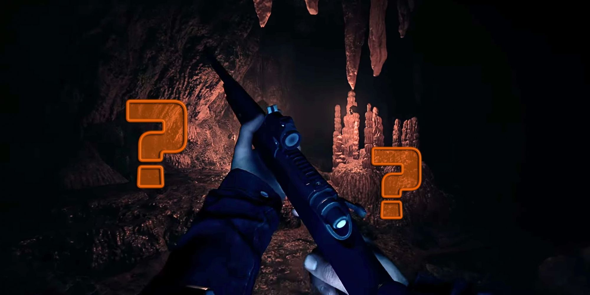 Dos signos de interrogación junto al rifle de Sons of the Forest